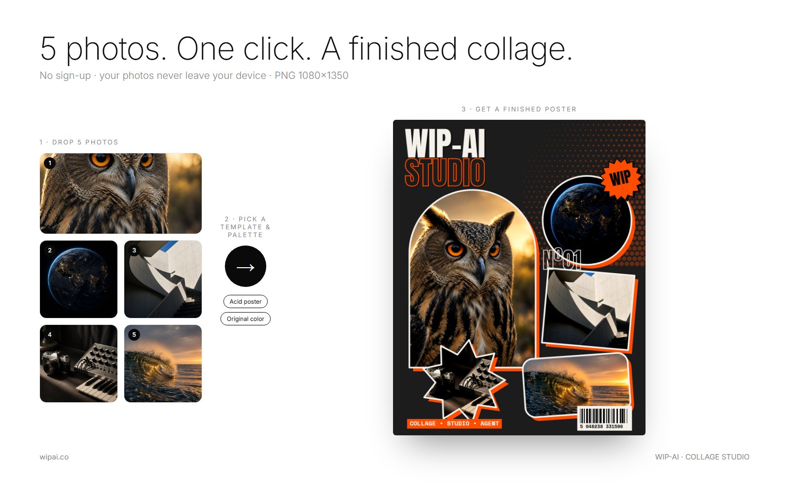 Example: five photos — an owl, Earth at night, concrete stairs, a camera and synthesizer, and a wave at sunset — become one collage poster in the Acid poster template.